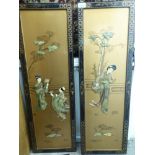 A pair of modern Chinese painted panels, overlaid with carved mother-of-pearl and soapstone,