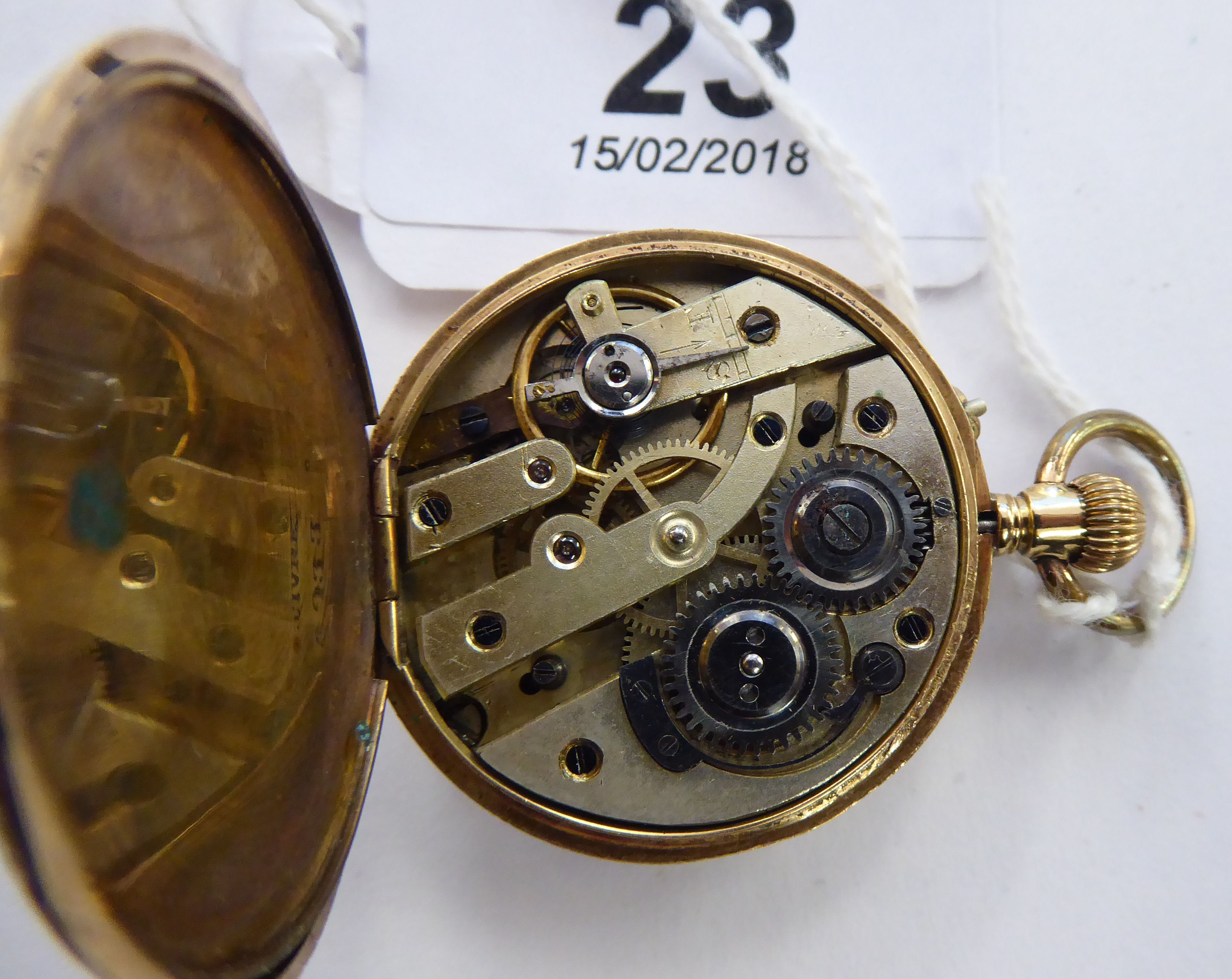 A lady's gold coloured metal cased fob watch with engraved ornament, - Image 3 of 3