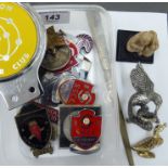 A mixed lot: to include enamelled steel Car Club awards and badges; a 1914 War Service lapel badge;