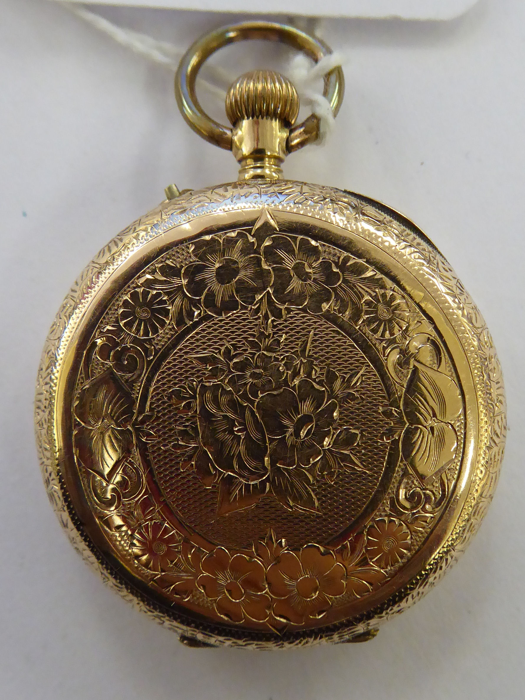 A lady's gold coloured metal cased fob watch with engraved ornament, - Image 2 of 3