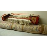 Four Chinese wash woollen rugs: to include one with stylised flora on a red ground 74'' x 48''