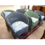 A matched set of six modern blue and green wicker conservatory/patio chairs,
