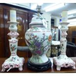 A pair of modern Italianate design floral decorated china table lamps of candlestick form 14''h;