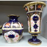 Two Royal Crown Derby china vases, decorated in a version of the Imari palette, viz.