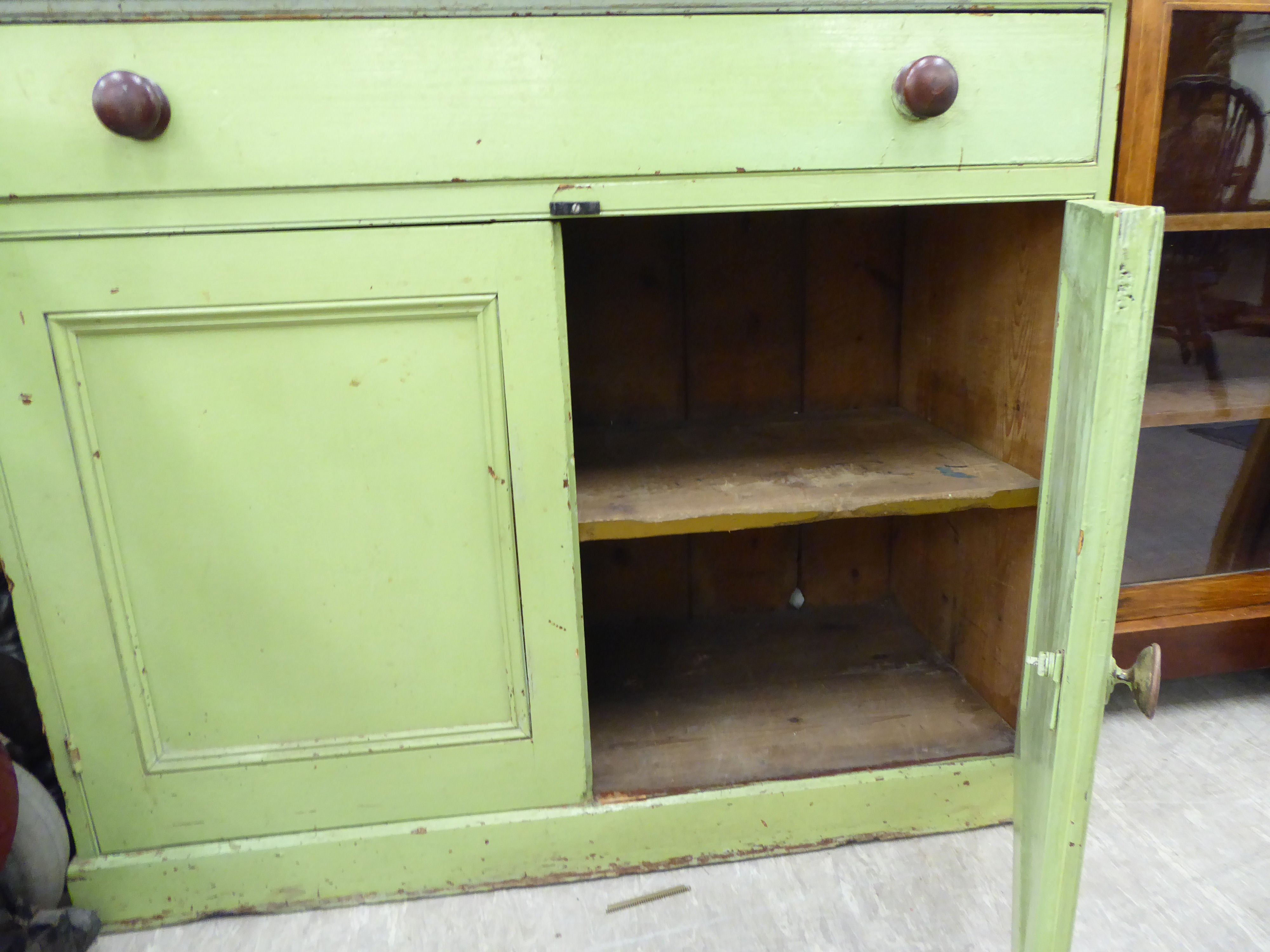 A late Victorian green painted pine side cabinet with a drawer and two doors, - Image 2 of 2
