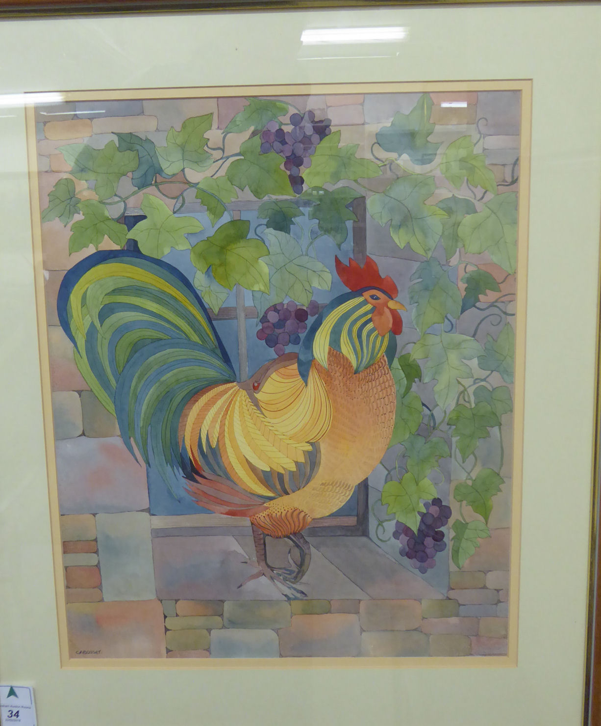 Cabosset - a stylised study of a cockerel watercolour bears a signature 19'' x 15'' framed