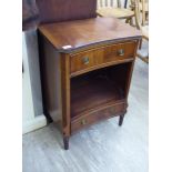 A modern Reprodux mahogany finished concave front side cabinet with two drawers and an open shelf,