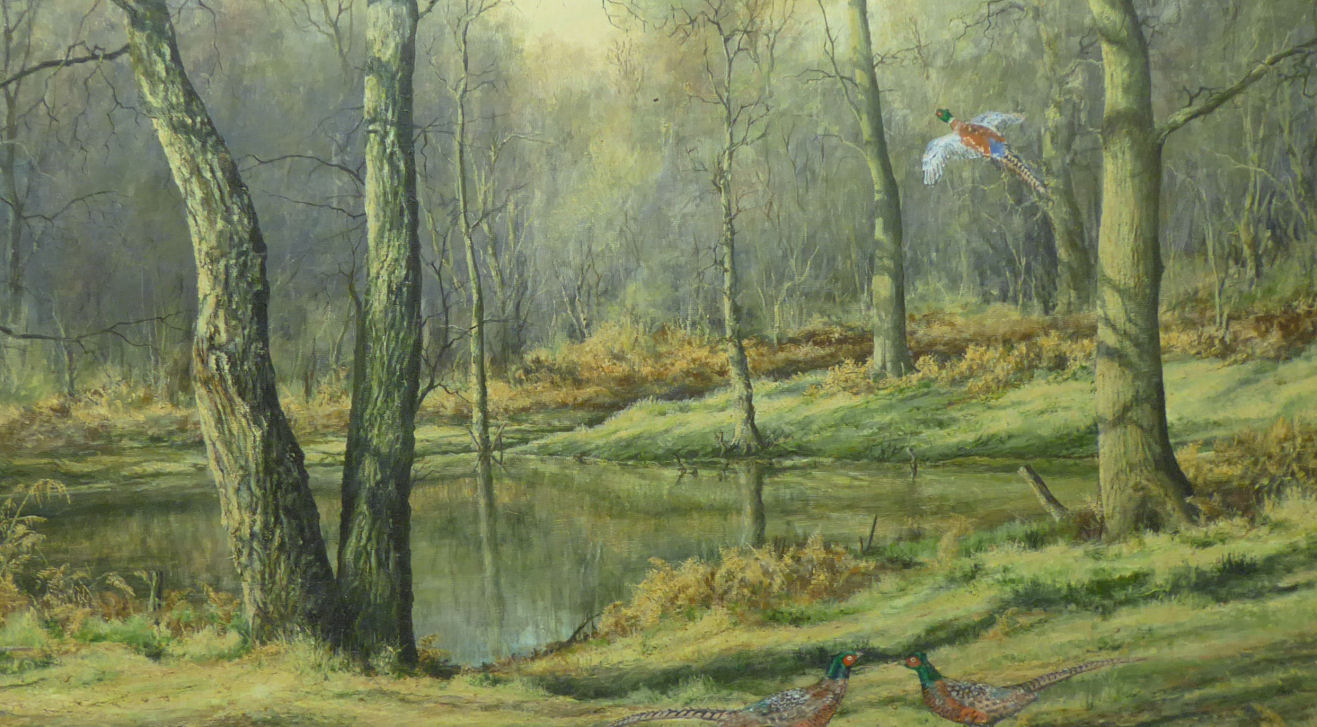 Mervyn Goode - a woodland scene with pheasants by a pond oil on board bears a signature & dated - Image 3 of 3