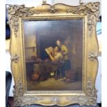 19thC German School - an interior workshop scene with a couple studying a book oil on tinplate