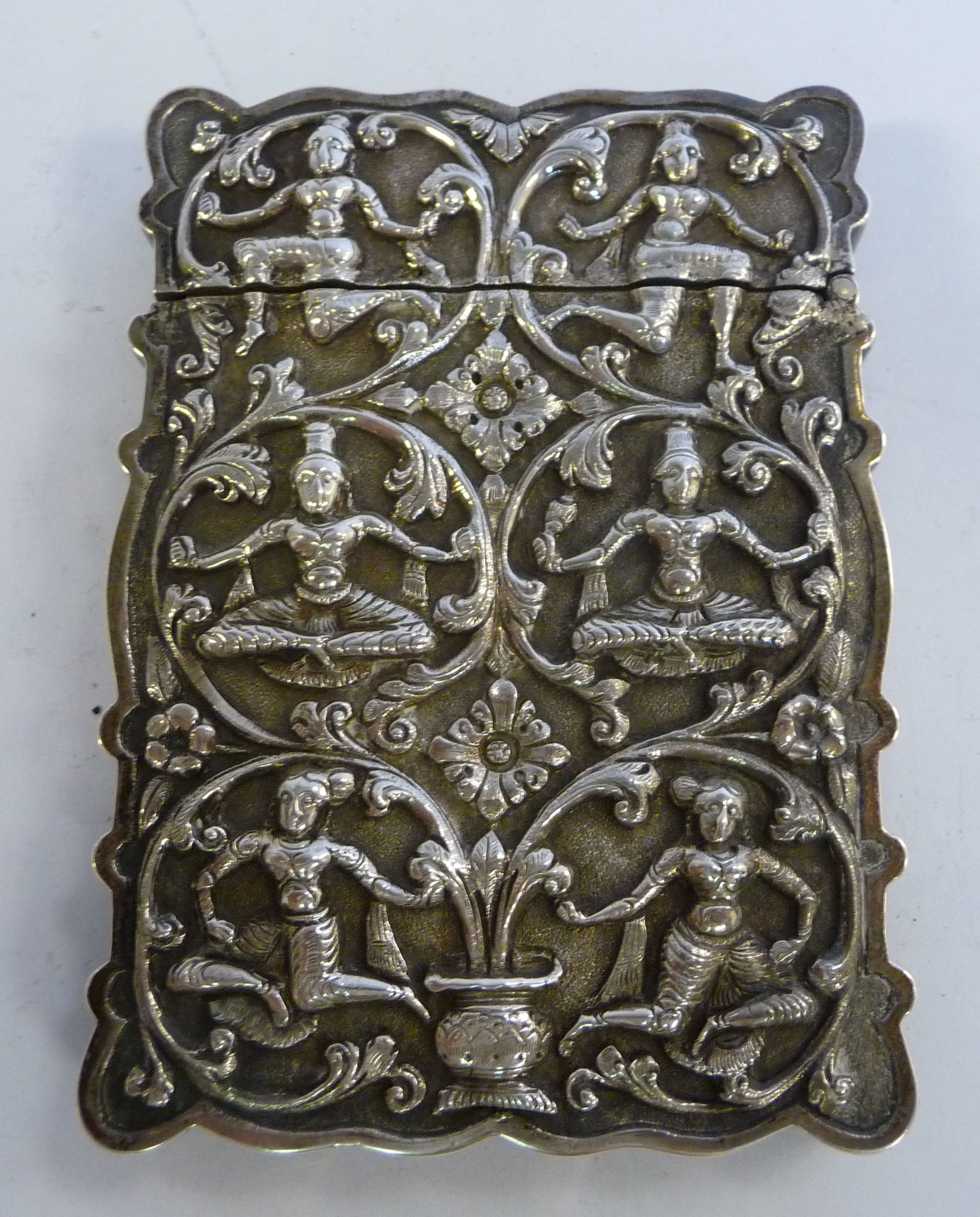 An early 20thC Asian white metal card case of shaped outline, having a hinged cap, - Image 2 of 3