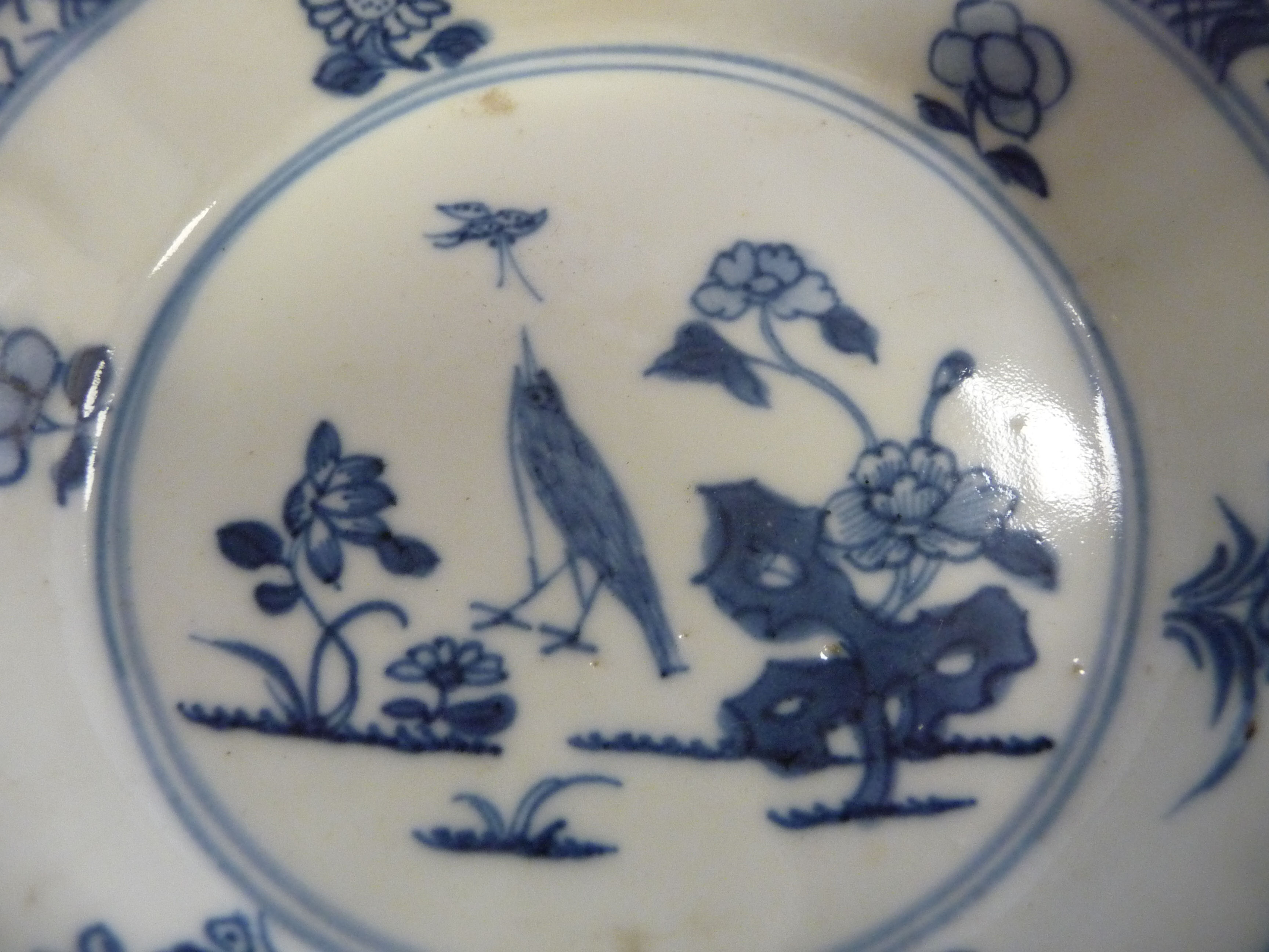 A mid 18thC Chinese porcelain footed dish with angled sides, decorated with a bird, - Image 3 of 4