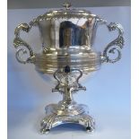 A 19thC silver plated samovar of pedestal vase design with opposing,