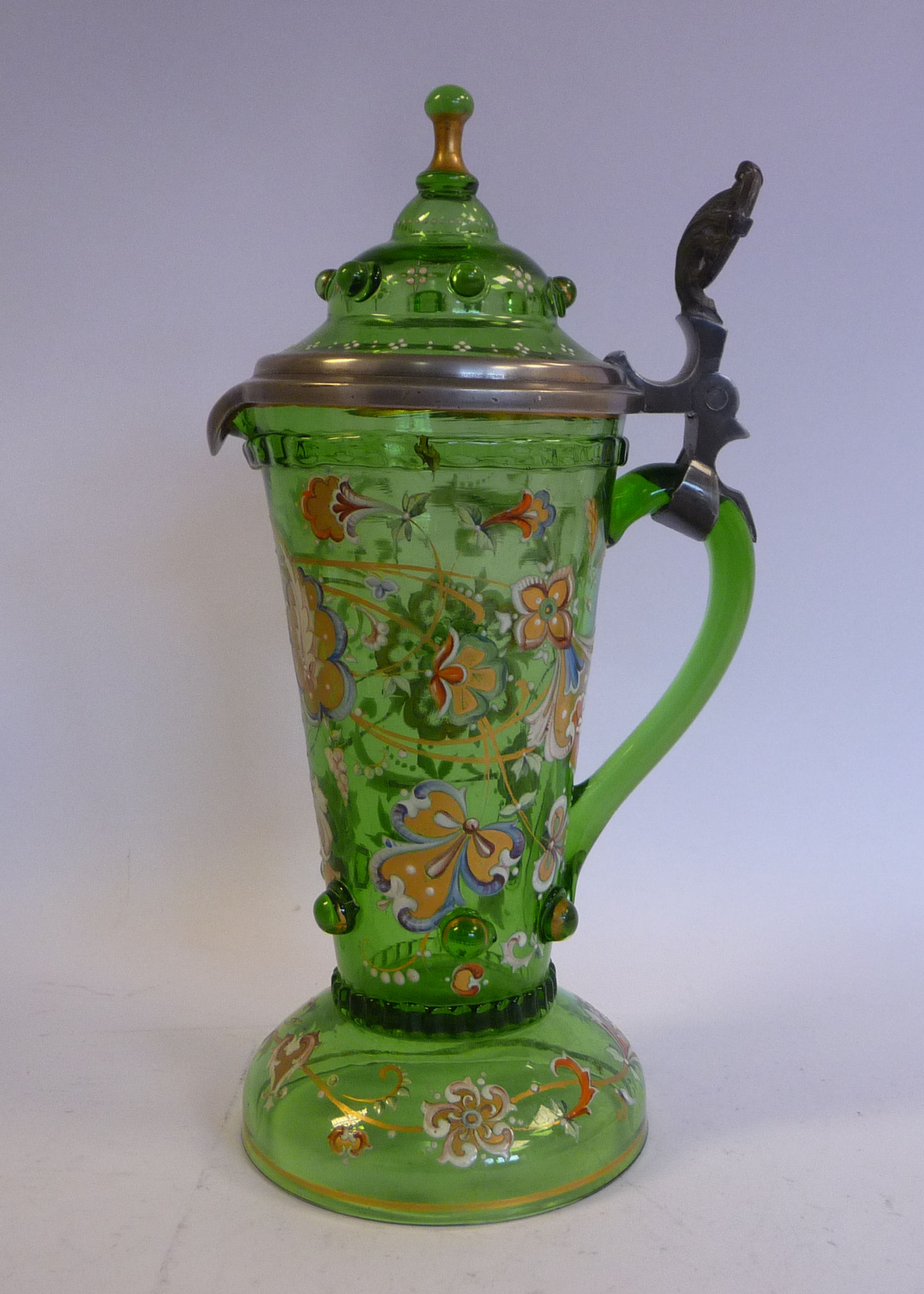 An early 20thC Continental semi-opaque green glass tankard of tapered cylindrical form with a drawn - Image 3 of 6