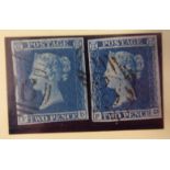 Postage stamps - two Victorian Two Penny blues with four margins, plates 3 & 4,