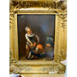 18thC Dutch School - a woman assisting two drunkards oil on panel 9'' x 7'' framed