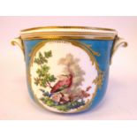 A late 19thC Sevres porcelain cache pot, having twin, scroll moulded handles,