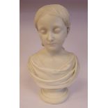 A late 19th/early 20thC carved white marble bust, a girl,