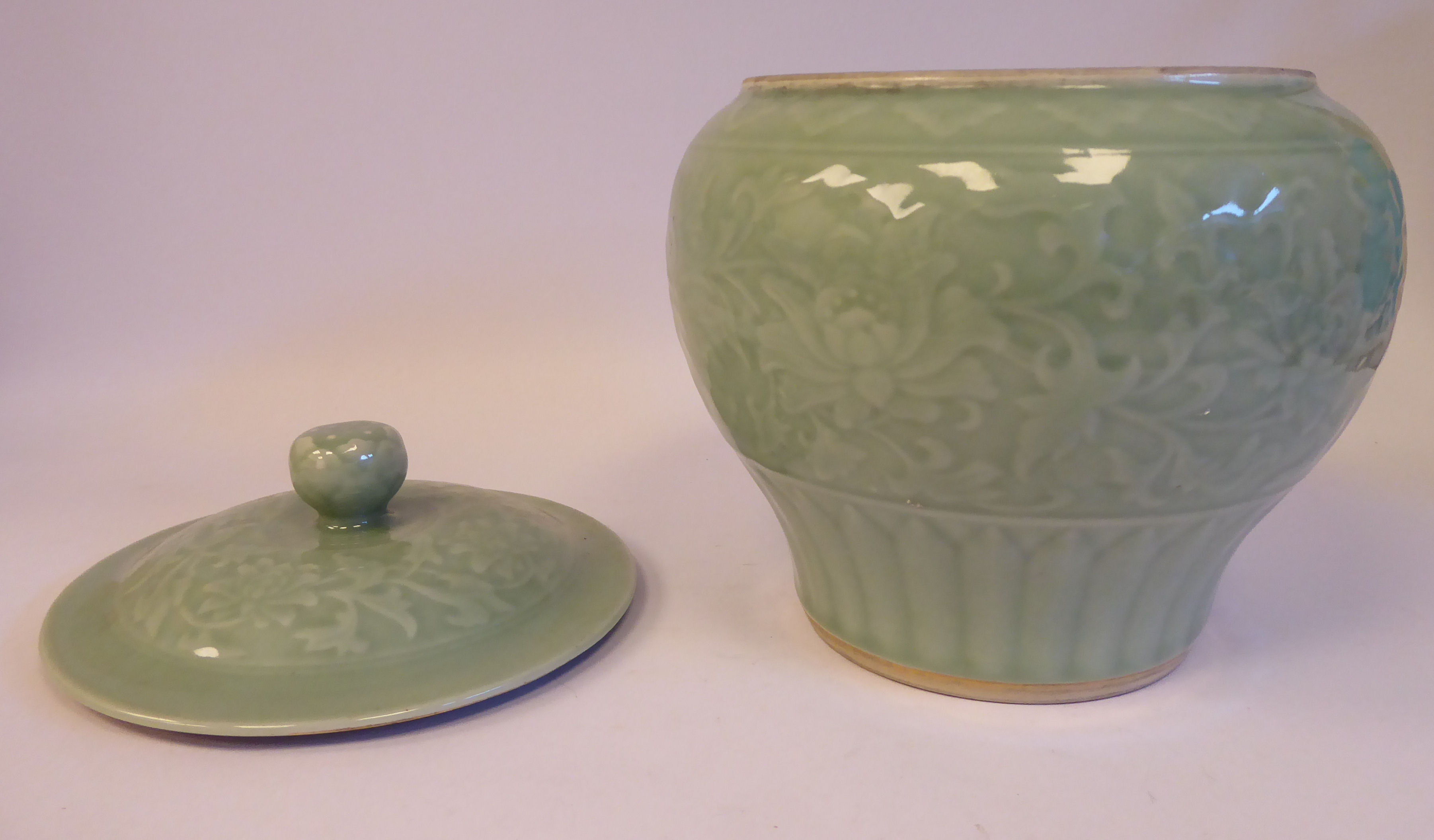 A 20thC Chinese celadon glazed porcelain pot of squat baluster form, - Image 5 of 7