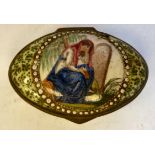 An 18thC (possibly Bilston) enamel oval patch box, decorated with a scene depicting a seated woman,