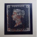 Postage stamp - a Victorian Penny Black with four margins, plate 1B,
