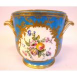 A late 19thC Sevres porcelain cache pot, having twin, scroll moulded handles, on a splayed footrim,