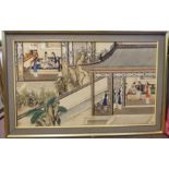 A 20thC Chinese painting on fabric, depicting domestic figure scenes on balconies and verandahs,