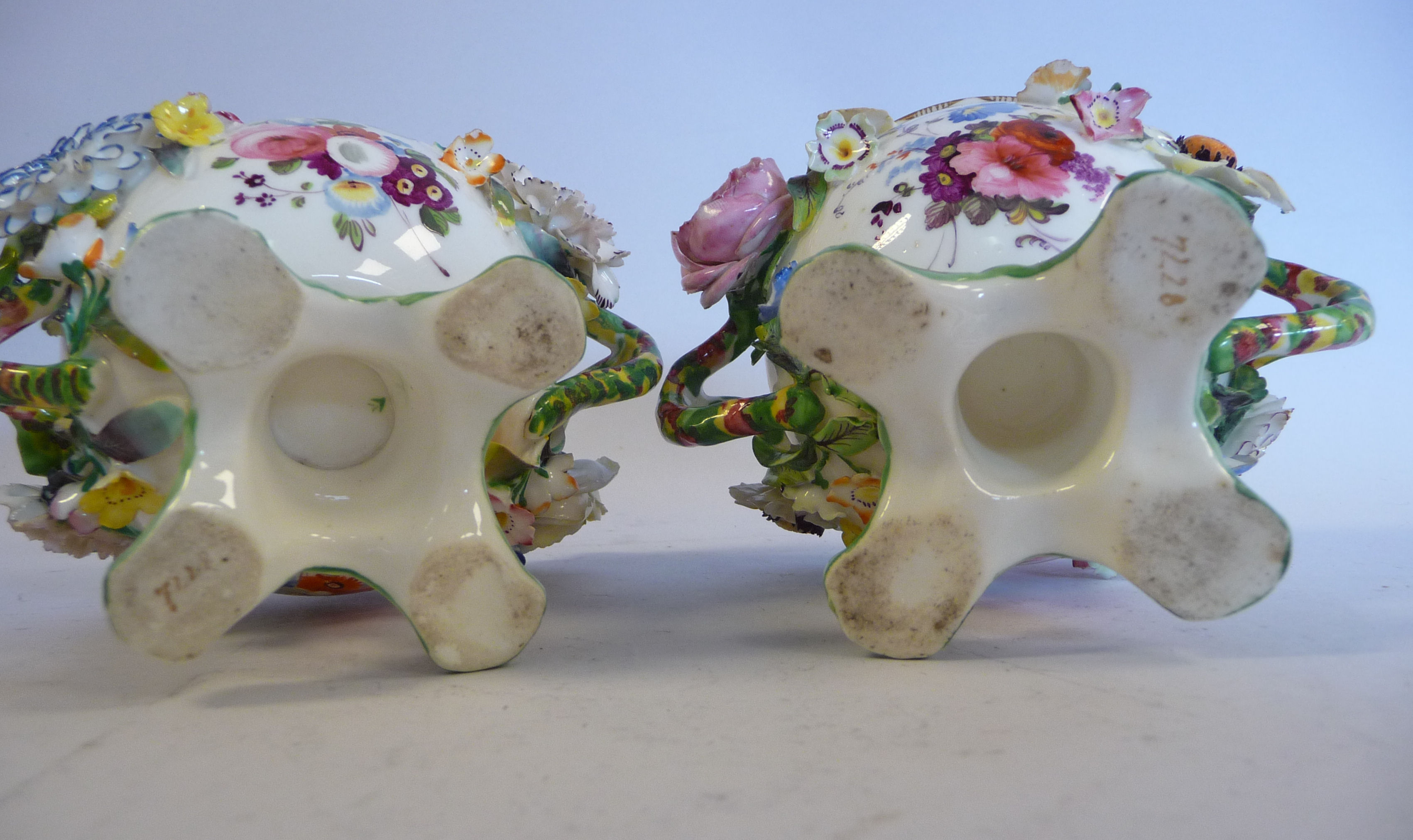 A pair of late 19thC floral encrusted porcelain, twin handled pots with domed covers, - Image 5 of 5