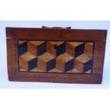 A George III mahogany tea casket with panels of parquetry ornament, in a variety of exotic woods,