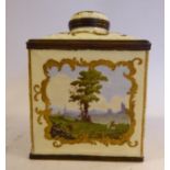 A 19thC (probably Bilston) enamel, shouldered rectangular box design tea caddy with a domed cover,