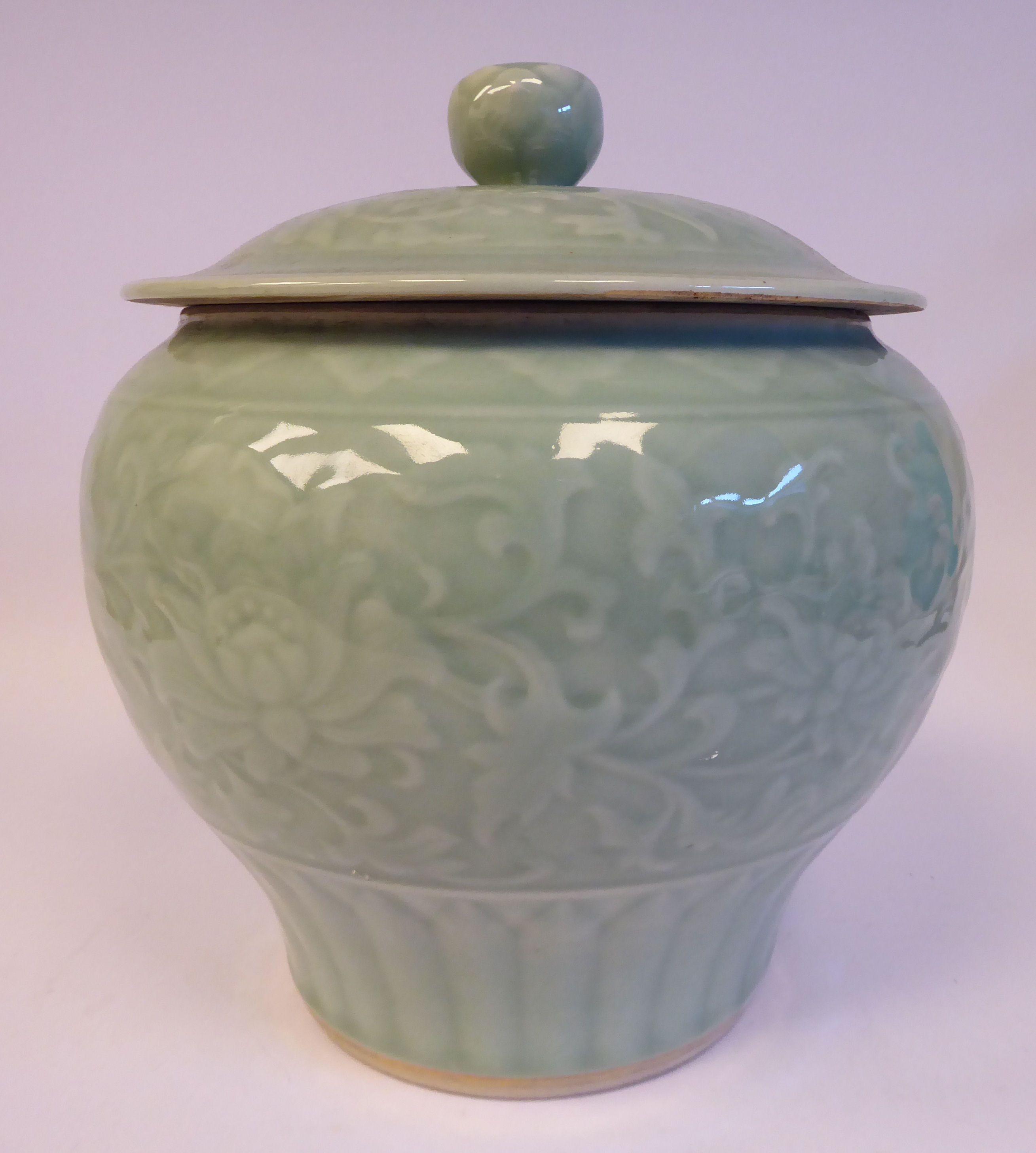 A 20thC Chinese celadon glazed porcelain pot of squat baluster form, - Image 3 of 7