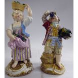 A pair of late 19th/early 20thC Meissen porcelain figures, a boy and a girl,