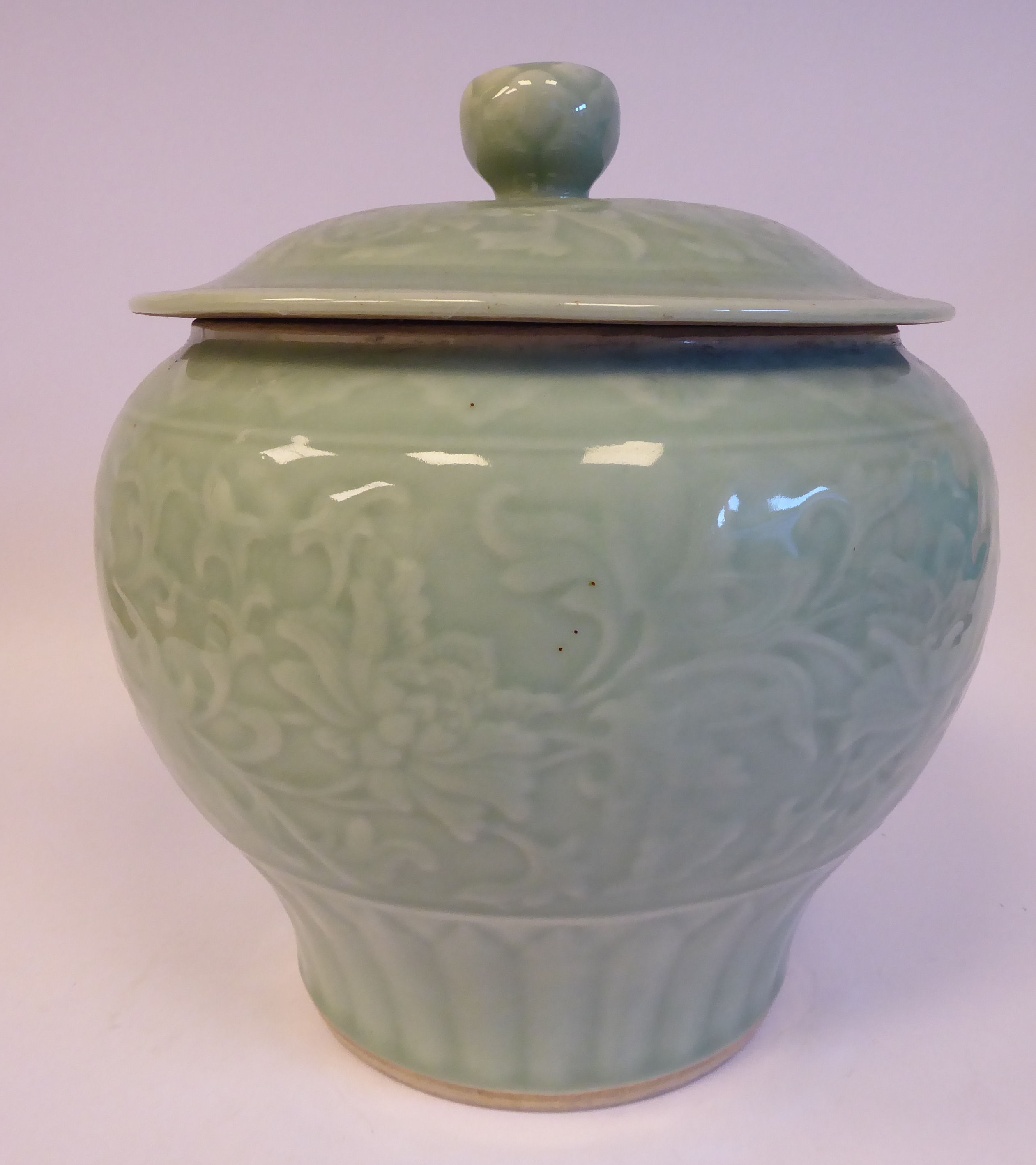 A 20thC Chinese celadon glazed porcelain pot of squat baluster form, - Image 2 of 7