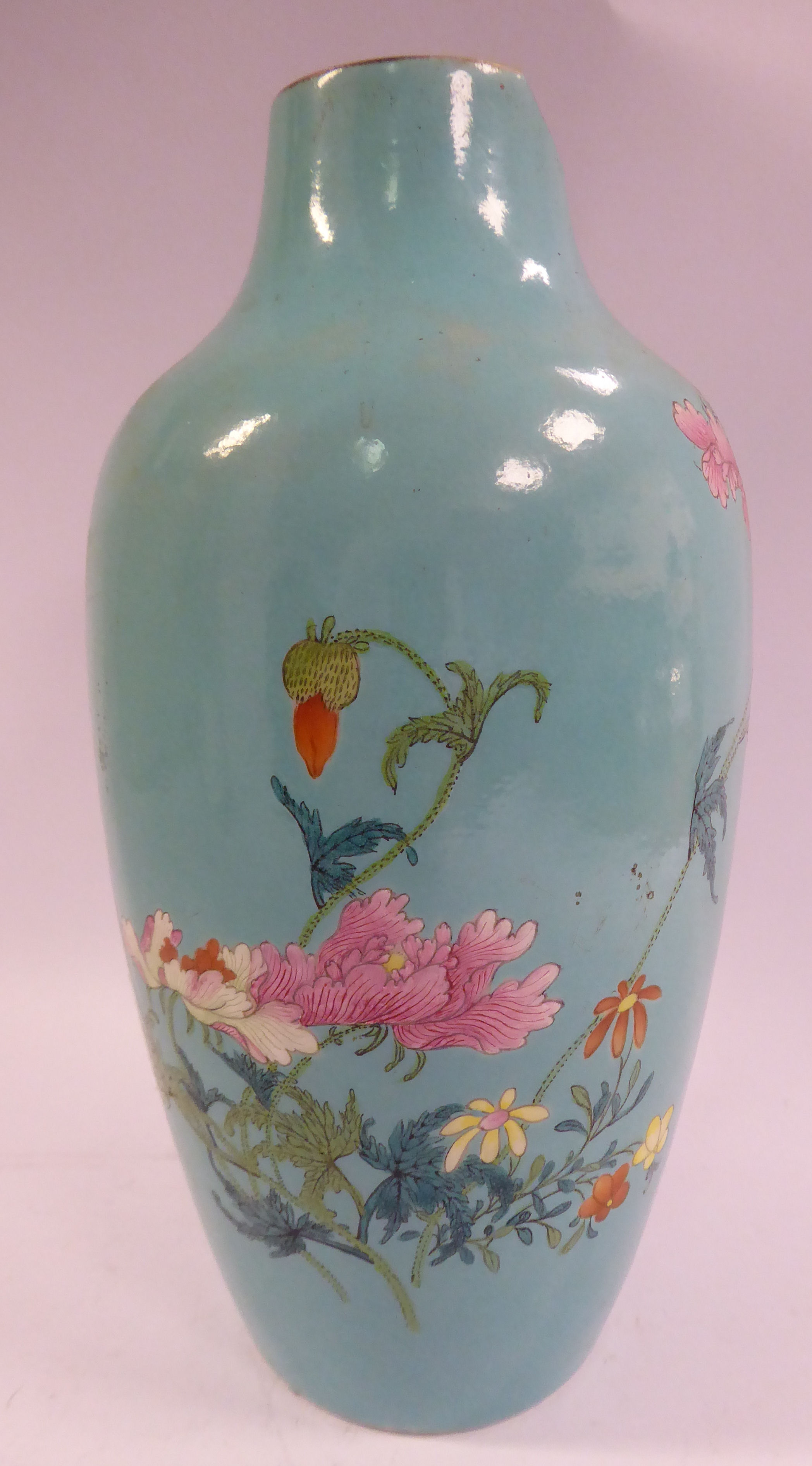 An 18thC Chinese turquoise glazed porcelain vase of baluster form, having a tapered neck, - Image 2 of 7