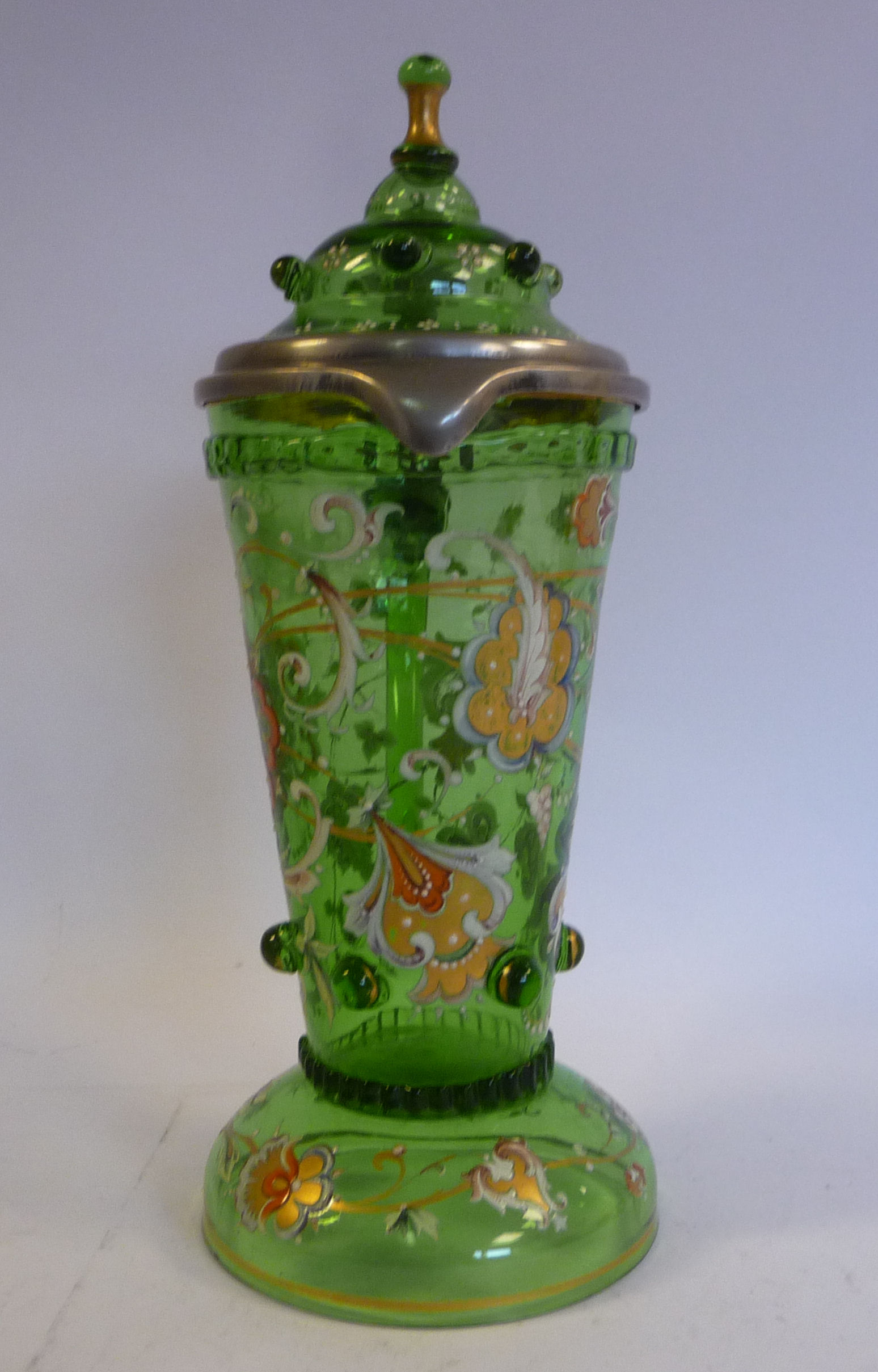 An early 20thC Continental semi-opaque green glass tankard of tapered cylindrical form with a drawn - Image 2 of 6