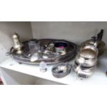 Metalware: to include a late Victorian silver plated three piece tea set of oval demi-reeded form