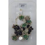 Silver and white metal items of personal ornament: to include a necklace, set with green,