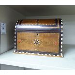 A 20thC inlaid hardwood jewellery casket with a fall front and hinged lid,