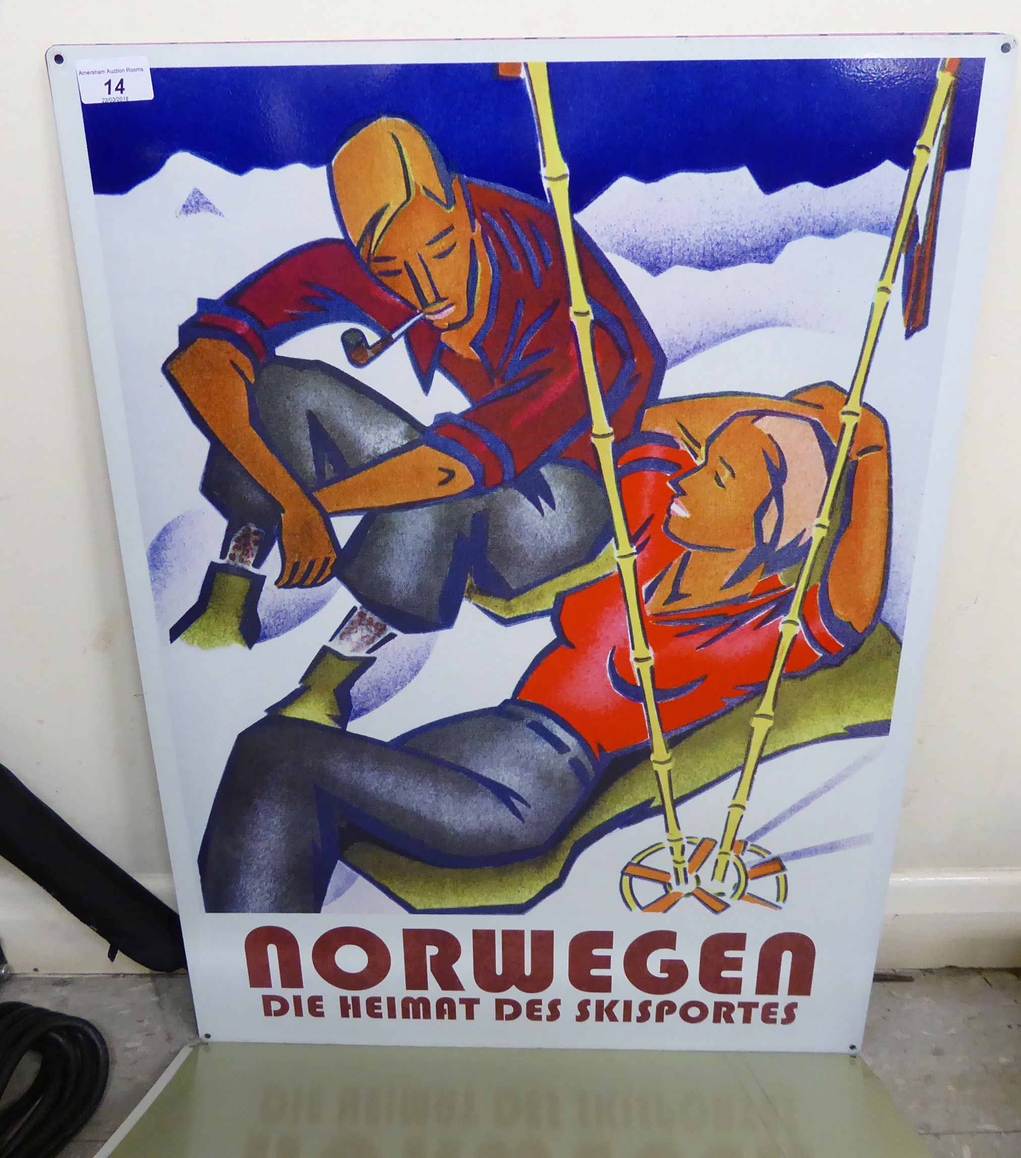 A printed metal sign 'Norwegian Ski-Sports' 20'' x 28'' SR