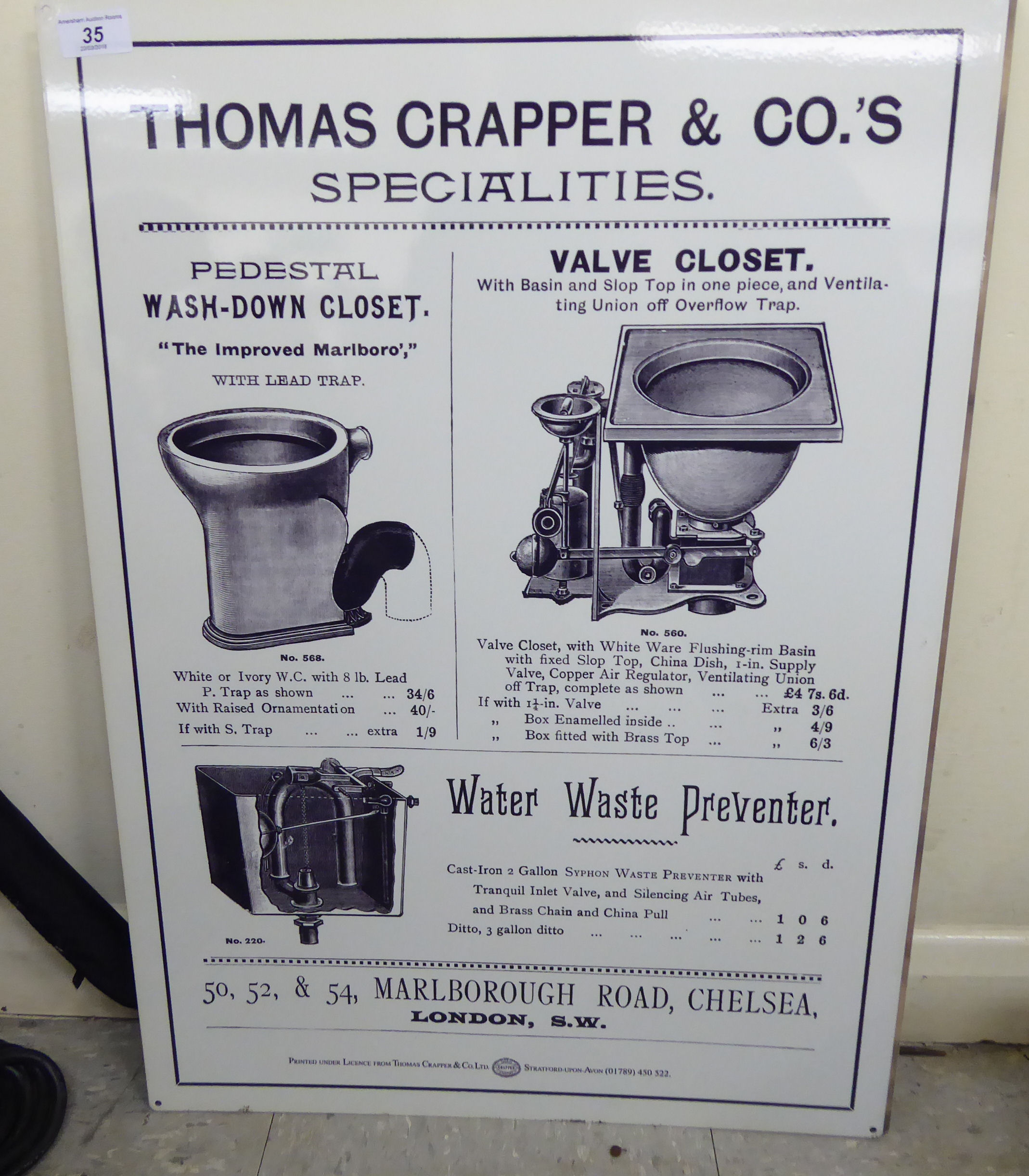 A printed metal sign 'Thomas Crapper & Co' 20'' x 28'' SR