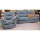 A G-Plan two person settee with a level back and scrolled arms,