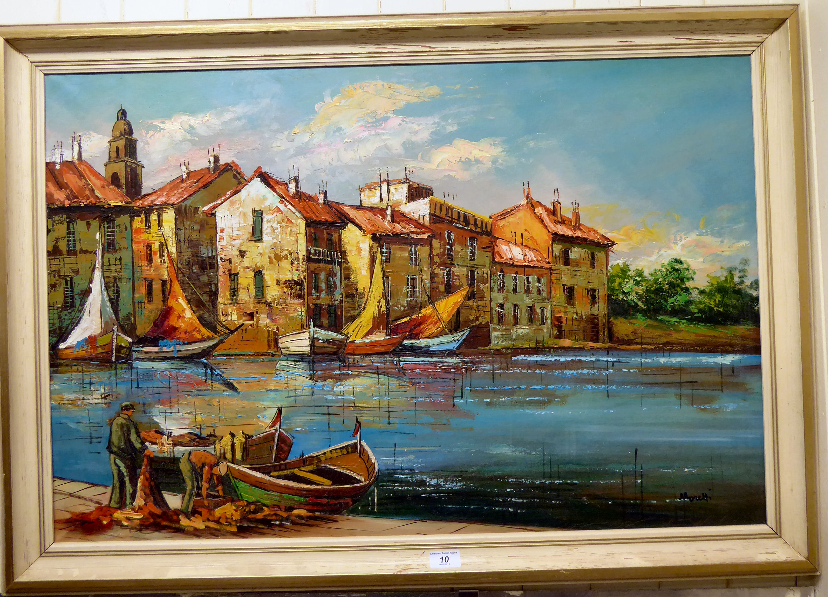 Moretti - an Italian harbour scene with a fisherman landing his catch oil on canvas bears a