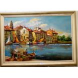 Moretti - an Italian harbour scene with a fisherman landing his catch oil on canvas bears a
