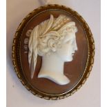 An oval shell carved cameo pendant/brooch, featuring a profile portrait,
