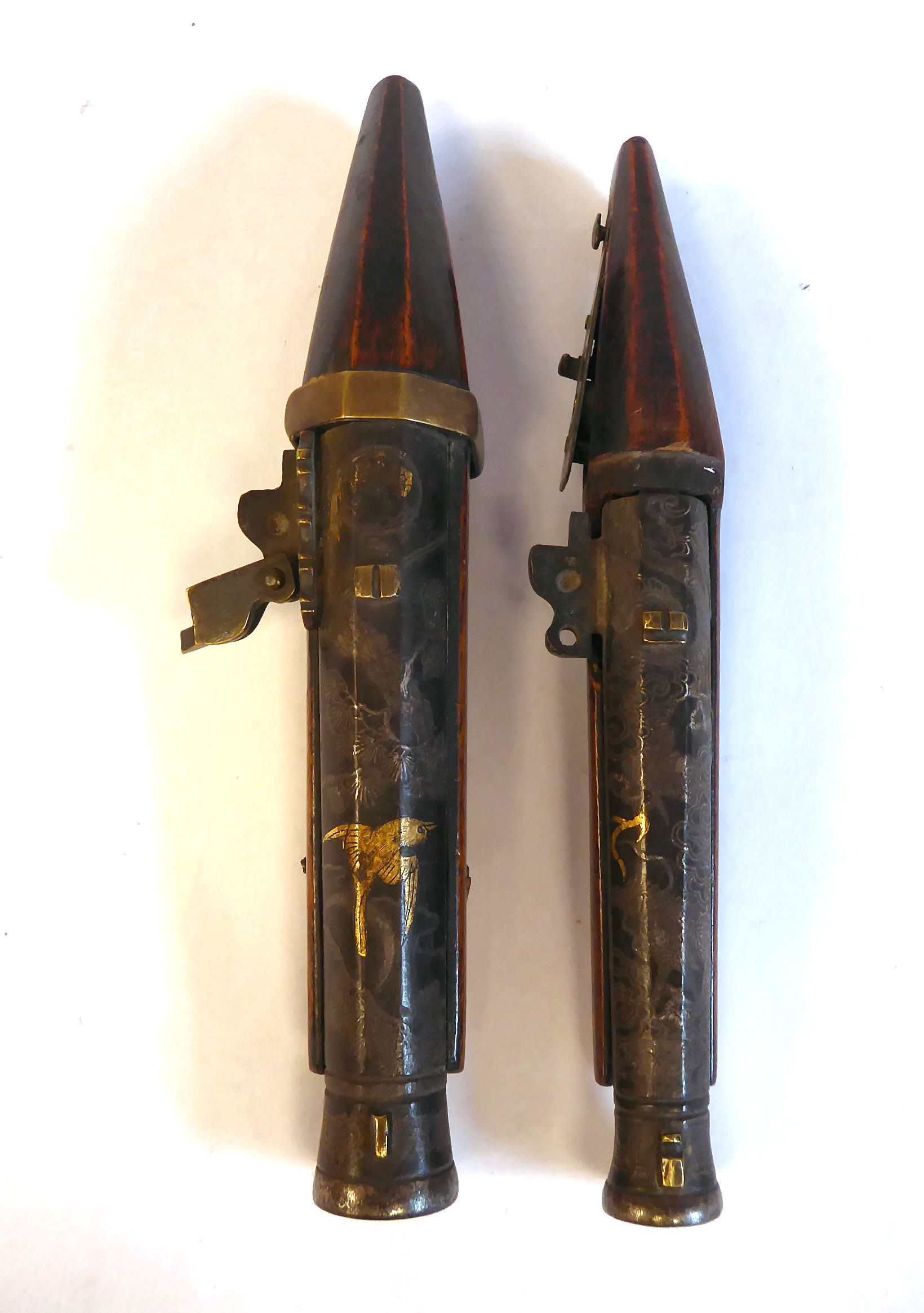 A pair of 19thC Japanese 'hand canons' the barrels inlaid with Kornai work 5. - Image 6 of 10