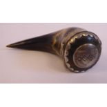 A 19thC horn snuff mull with an applied white metal collar,