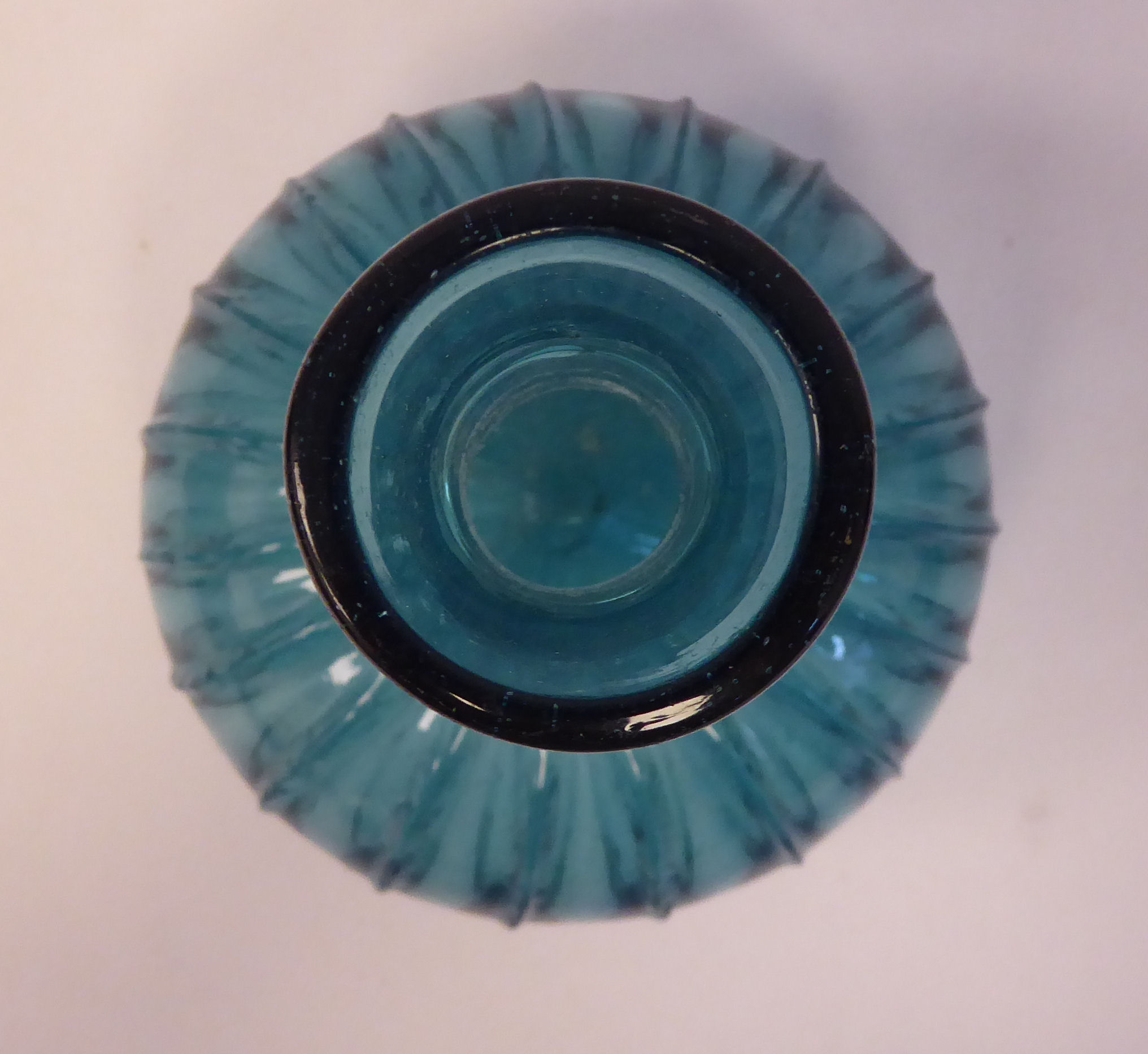 A 17thC Dutch semi-opaque turquoise glass bulbous and wide fluted bottle vase with a long, - Image 6 of 10