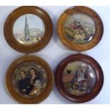 Four framed Prattware pot lids, respectively featuring 'The Times'; 'Peace'; 'Eleanor Gross,