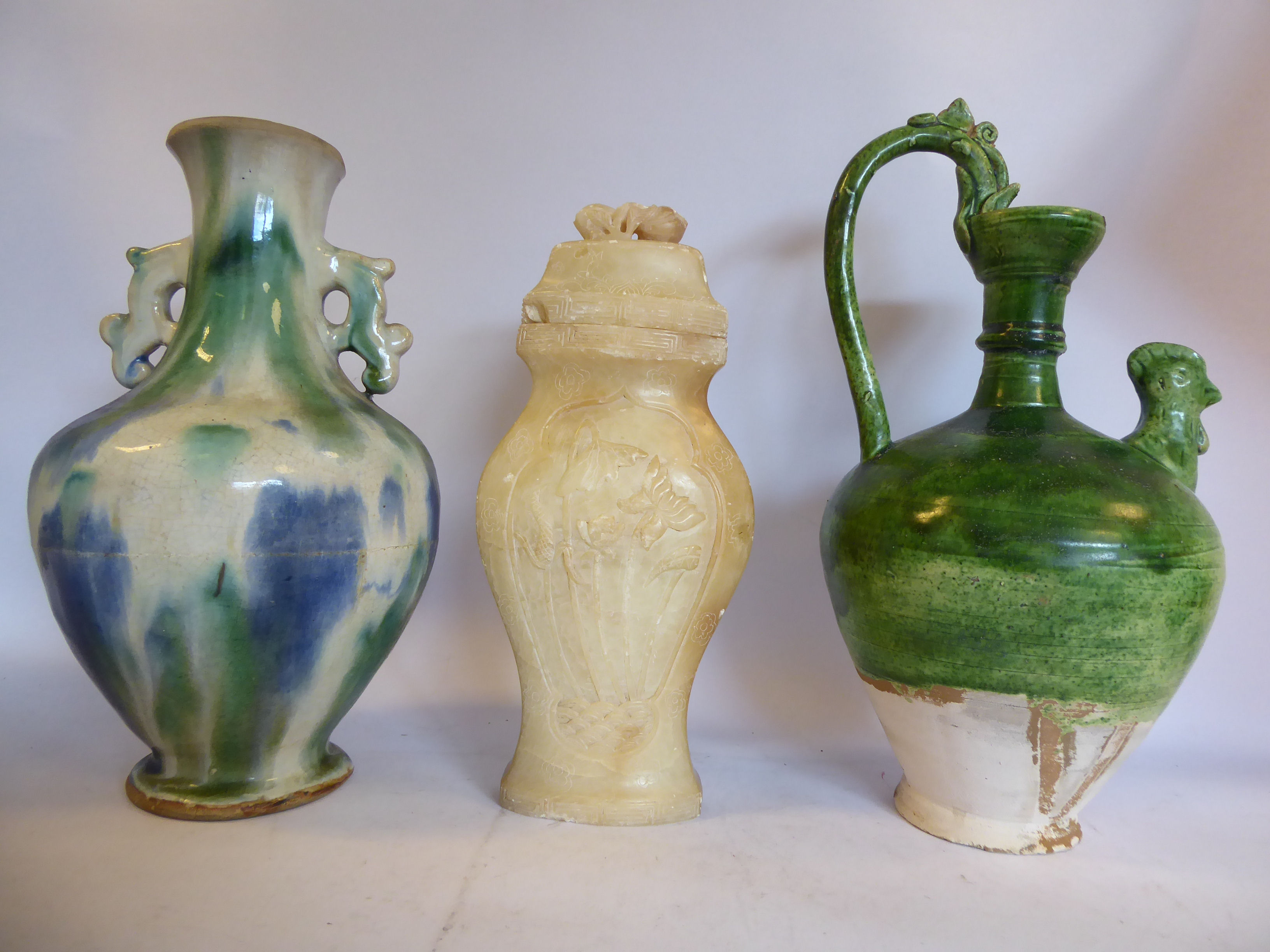 An 'antique' Chinese green glazed pottery ewer of tapered and shouldered baluster form with a high - Image 3 of 12