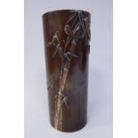 A late 19th/early 20thC Japanese cast and patinated bronze cylindrical vase,