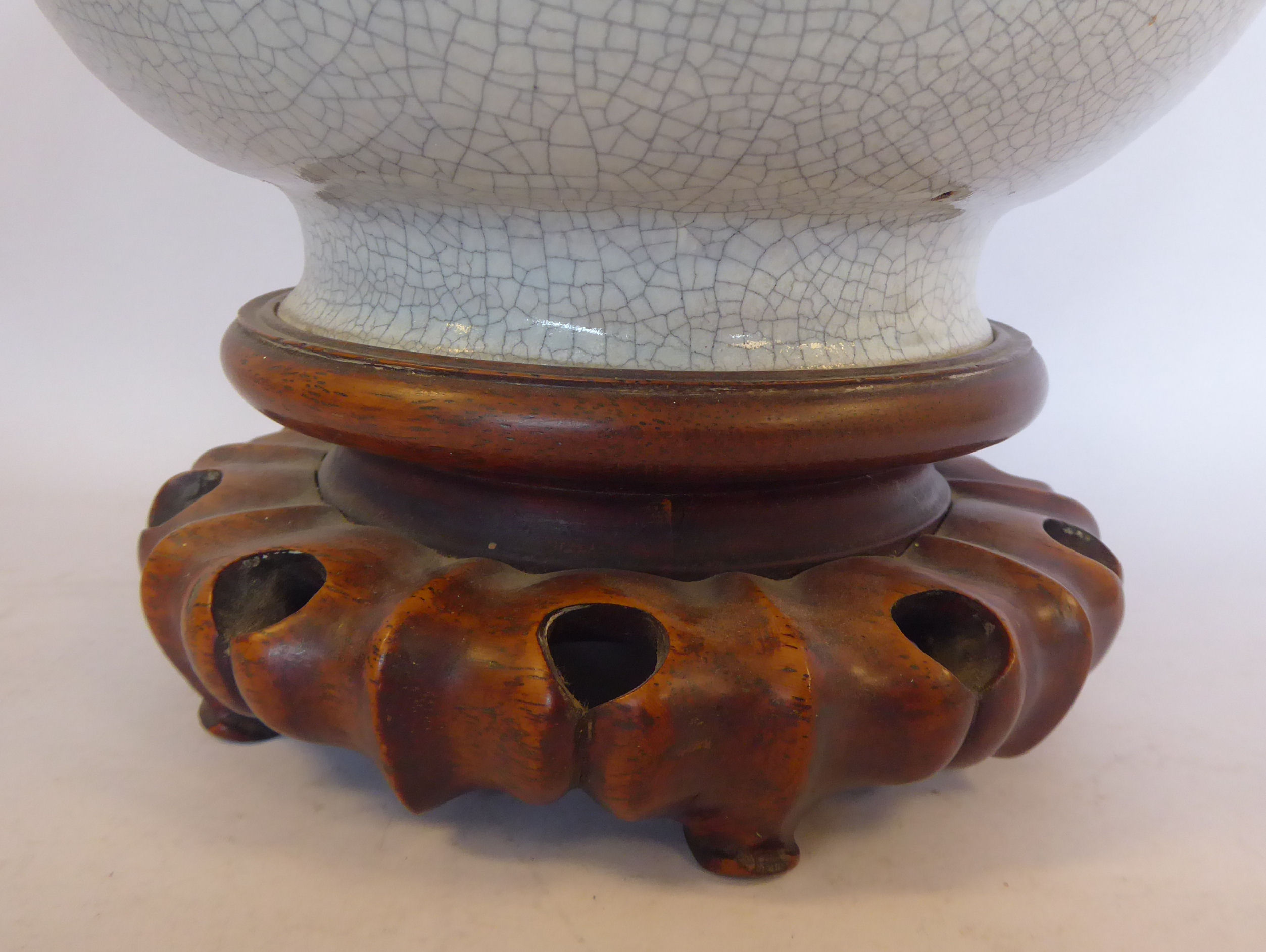 An early 20thC Chinese grey crackle glazed porcelain bottle vase of squat bulbous form, - Image 9 of 17